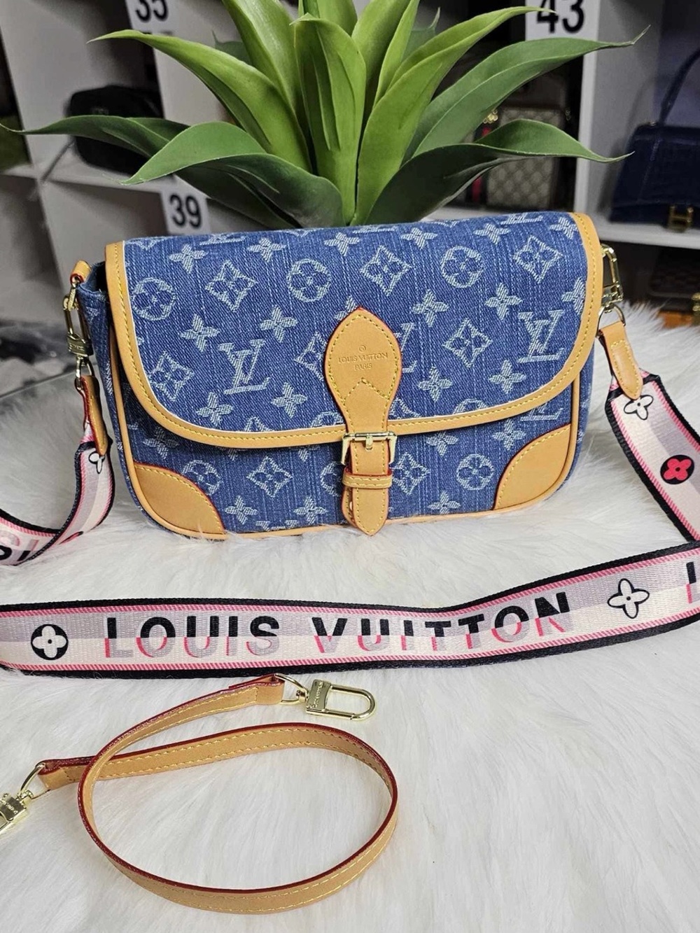 Denim Crossbody Bag in Blue with Tan Trim